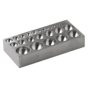 Dapping block, steel, 5 x 2-1/2 x 1-inch base with (27) 2-24mm half-sphere holes. Sold individually.