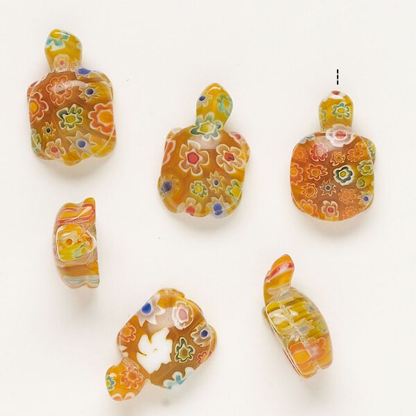 Bead, millefiori glass, translucent orange and multicolored, 21x13mm-24x15mm half-drilled turtle. Sold per pkg of 6. image number 0
