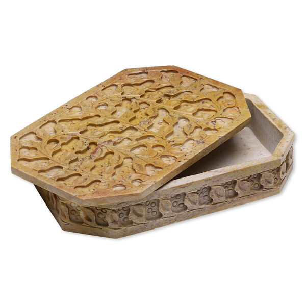 Box, soapstone (coated), 1-1/2 x 6 x 4-inch carved octagon with leaf design, Mohs hardness 1 to 2-1/2. Sold individually. image number 0