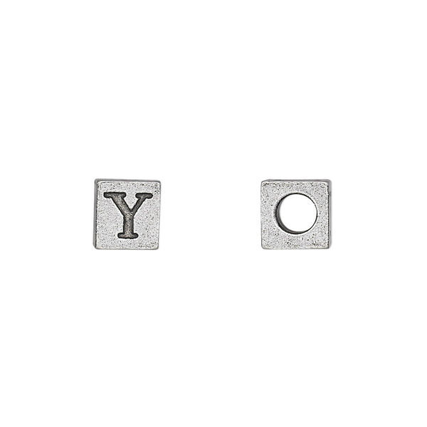 Bead, antiqued pewter (tin-based alloy), 7mm cube with Greek letter, UPSILON. Sold per pkg of 4. image number 0