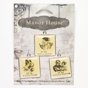 Drop, epoxy and silver-finished "pewter" (zinc-based alloy), yellow and black, 25x25mm square with assorted designs. Sold per pkg of 3.