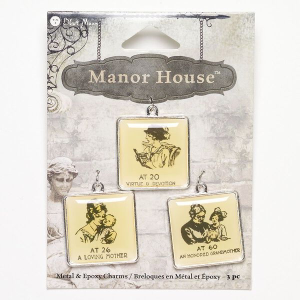 Drop, epoxy and silver-finished "pewter" (zinc-based alloy), yellow and black, 25x25mm square with assorted designs. Sold per pkg of 3. image number 0