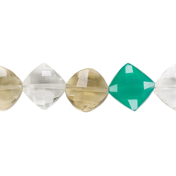 Bead, multi-gemstone (natural / dyed / heated / irradiated), multicolored, 11x10mm-13x13mm hand-cut faceted puffed diamond, B- grade, Mohs hardness 3 to 7. Sold per 7-inch strand. image number 0