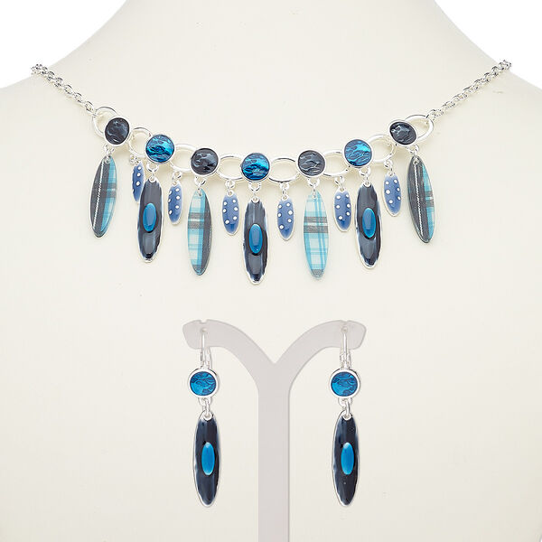 Necklace and earring set, enamel / resin / silver-plated steel / "pewter" (zinc-based alloy), multicolored, ellipse, 18-inch necklace with 2-inch extender chain and lobster claw clasp, 45mm earrings with leverback. Sold per set. image number 0