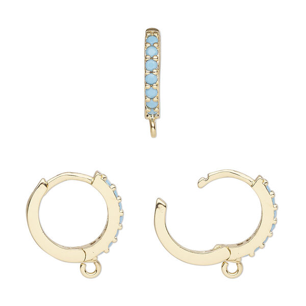 Hoop, gold-finished brass and glass, turquoise blue, 15mm hoop, 17 gauge. Sold per pair. image number 0