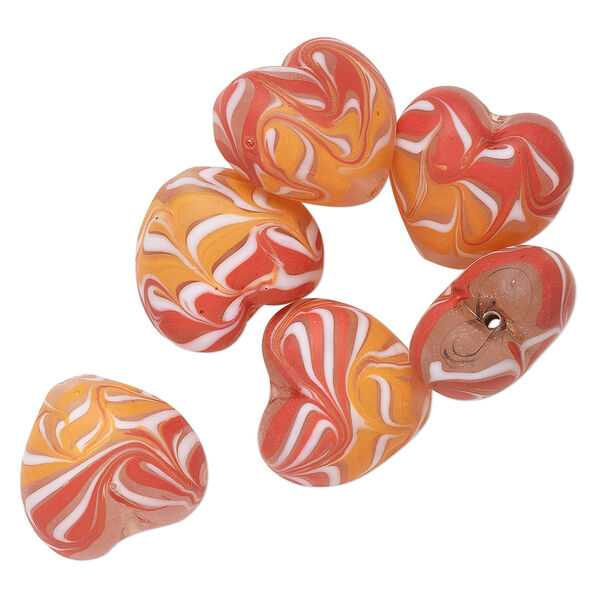 Bead, glass, translucent matte red / orange / multicolored, 23x20mm-25x23mm puffed heart. Sold per pkg of 6. image number 0