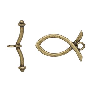 Clasp toggle 1pkg4 brass-plated "pewter" (zinc alloy), 23x15mm Christian fish, antique 1-strand