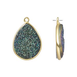 Druzy agate / sterling silver 1pkg1, electrocoated gold finished hand-cut flat teardrop drop 21x16mm-22x17mm