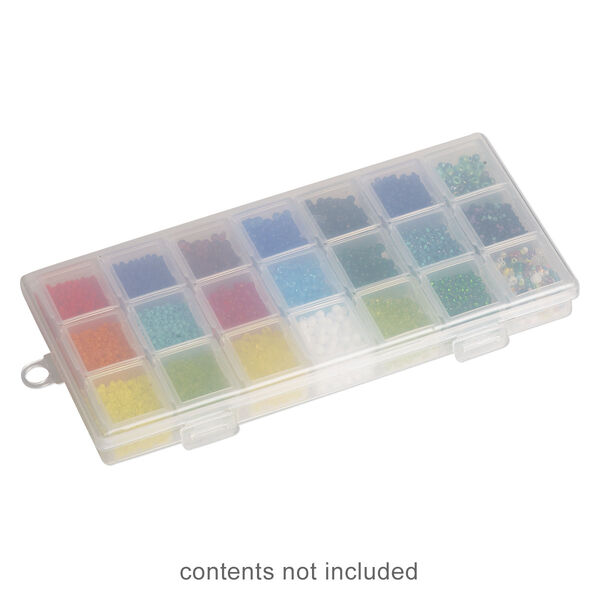 Organizer box, plastic, clear, 7 x 3-1/4 x 3/4-inch with (7) 3-compartment containers and hang tab. Sold per 8-piece set. image number 0