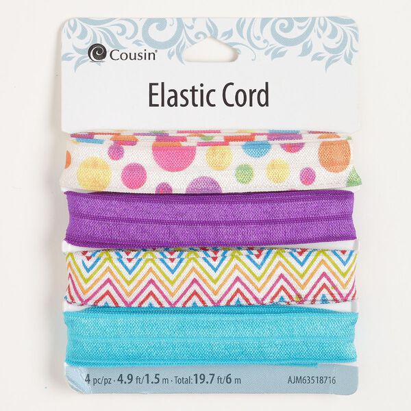 Cord assortment, elastic, pkg/(4) 1.5m, 16mm flat, assorted colors. image number 0