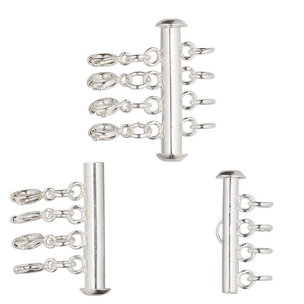 Clasp, 4-strand slide lock, silver-finished brass, 26.5x6mm round tube with 4 springring clasps and (4) 5mm open jump rings. Sold individually. image number 0