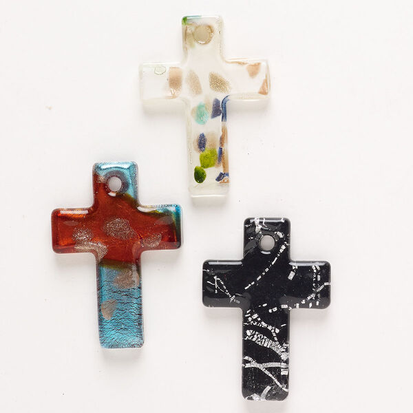 Random focal mix, lampworked glass, pkg/3, opaque mixed colors with copper-colored glitter, 47x33mm-53x36mm top-drilled random puffed cross. image number 0