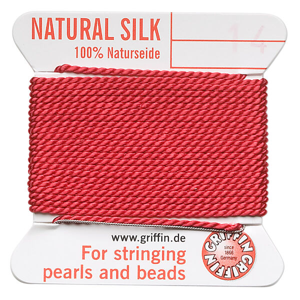 Thread, Griffin, silk, red, size #14. Sold per 2-meter card (approximately 78 inches). image number 0
