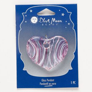 Focal, lampworked glass, clear / opaque pink / white, 46x37mm-47x38mm wavy heart with striped design. Sold individually.