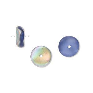 Bead, Czech pressed glass, blue with frost iris green finish, 10x4mm rondelle. Sold per 15" to 16" strand.