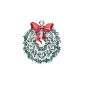 Charm, enamel and silver-plated "pewter" (zinc-based alloy), red and green, 22x20mm single-sided wreath with bow. Sold individually.