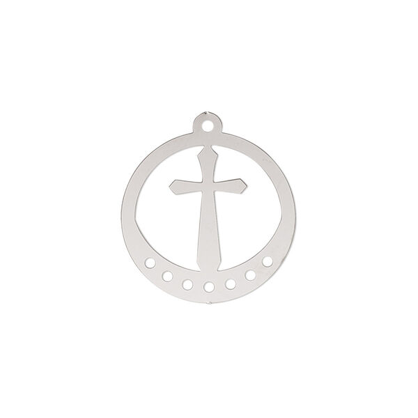 Drop, Lazer Lace™, stainless steel, 18mm double-sided open round with cross and 7 loops. Sold per pkg of 4. image number 0
