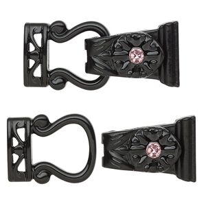 Clasp magnetic fold-over 1pkg2 "pewter" (zinc alloy), 29x13mm, black-finished / pink rhinestone 2-strand