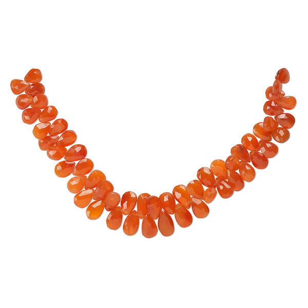 Bead, carnelian (dyed / heated), medium to dark, 9x6mm-14x10mm graduated hand-cut top-drilled faceted puffed teardrop, B+ grade, Mohs hardness 6-1/2 to 7. Sold per 8-inch strand, approximately 50 beads. image number 0