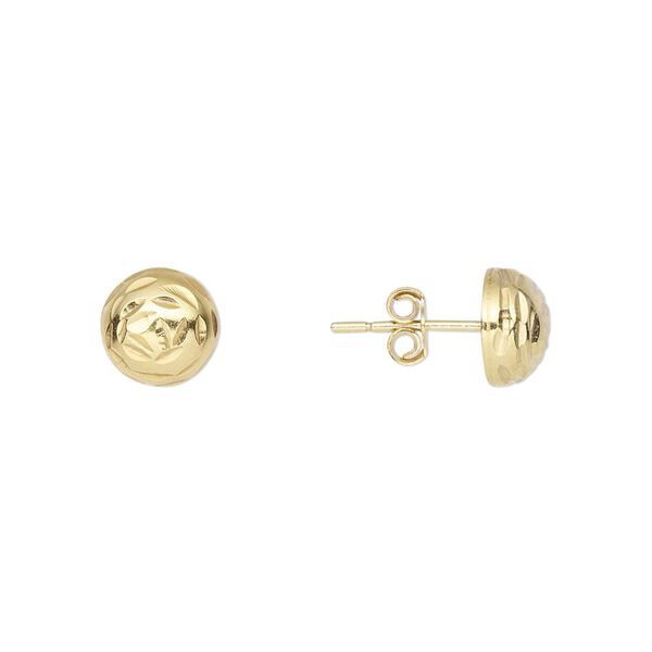 Earstud, gold-finished sterling silver, 8mm diamond-cut half-ball with post. Sold per pair. image number 0