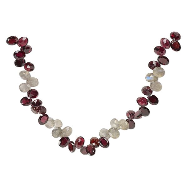 Labradorite / garnet 1pkg1, hand-cut top-drilled faceted flat-sided puffed oval bead 7 inch 8x6mm-9x7mm image number 0