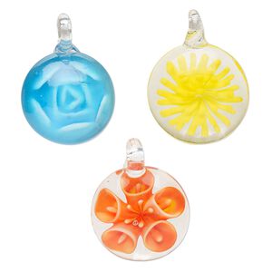 Focal mix, lampworked glass, mixed colors, 28-33mm domed round with flower. Sold per pkg of 3.