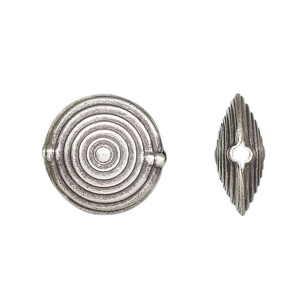 Bead, Hill Tribes, antiqued sterling silver, 17mm flat puffed round. Sold individually. image number 0