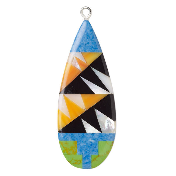 Focal, mother-of-pearl shell / resin / silver-finished copper, multicolored, 44x17mm single-sided flat teardrop. Sold individually. image number 0