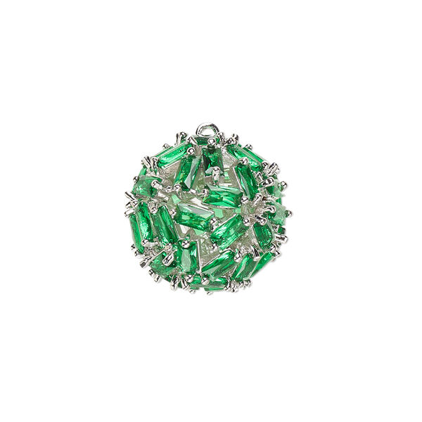 Drop, cubic zirconia and silver-plated brass, emerald green, 17.5mm hollow ball. Sold individually. image number 0