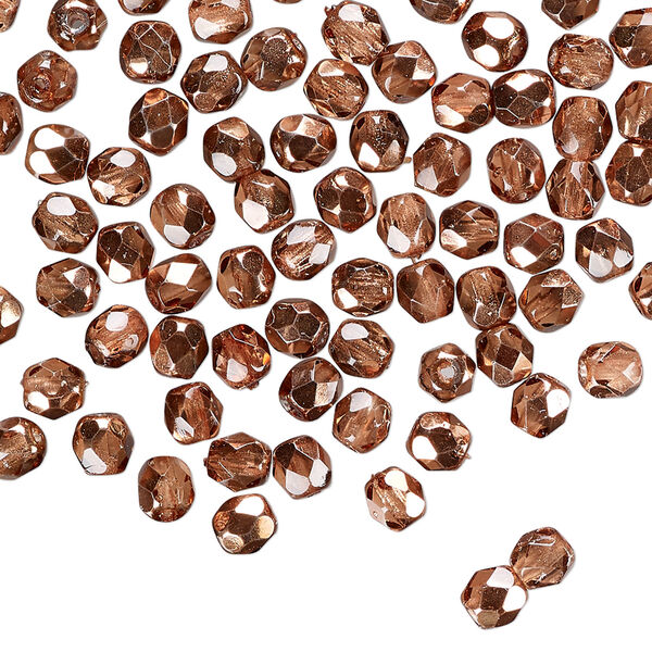 Bead 1pkg120 Czech fire-polished glass, clear with half-coat metallic apricot, 4mm faceted round. image number 0