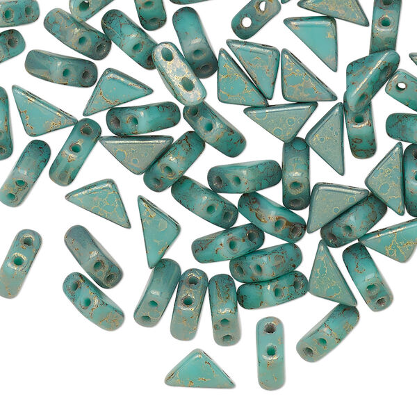 Bead, Tango™, Czech pressed glass, opaque luminous pecan green turquoise, 8x6x6mm triangle with (2) 0.7-0.8mm holes. Sold per 10-gram pkg, approximately 65 beads. image number 0