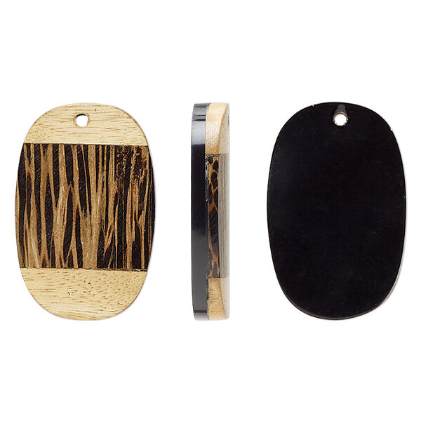 Focal, mango wood and resin (assembled), brown / tan / black, 37x25mm-35x23mm top-drilled flat oval. Sold per pkg of 2. image number 0