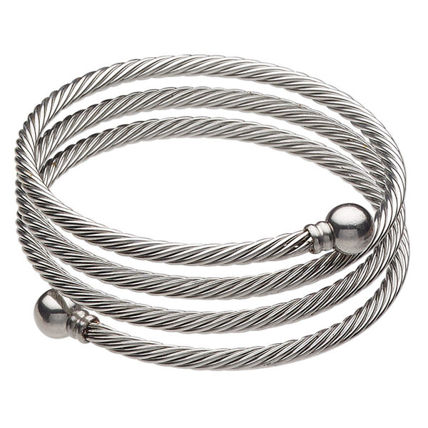Bracelet, bangle, stainless steel, 3.5mm triple twisted cable, 6-1/2 inches with 8mm twist-off ball ends. Sold individually. image number 0