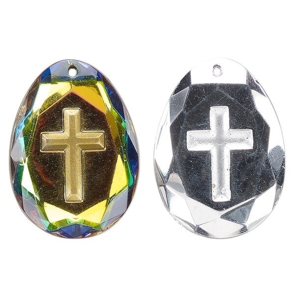 Focal, vintage glass, opaque clear vitrail, 33x24mm top-drilled faceted teardrop with cross. Sold individually. image number 0