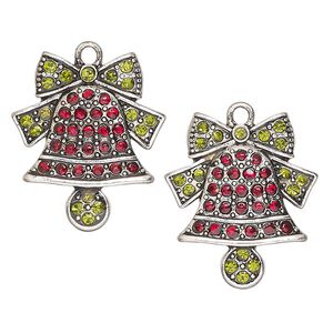 Charm, antique silver-finished "pewter" (zinc-based alloy) and glass, red and green, 27x23mm single-sided Christmas bell. Sold per pkg of 2.