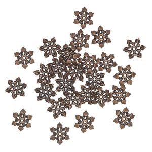 Bead cap, antique copper-finished brass, 11x3.5mm flower with dotted design, fits 10-12mm round bead. Sold per pkg of 27.