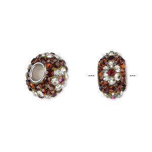 Bead, Dione®, Czech glass rhinestone / epoxy / imitation rhodium-plated brass grommet, root beer / clear / pink, 13x8mm-14x8mm rondelle with flower design, 4.5mm hole. Sold individually.