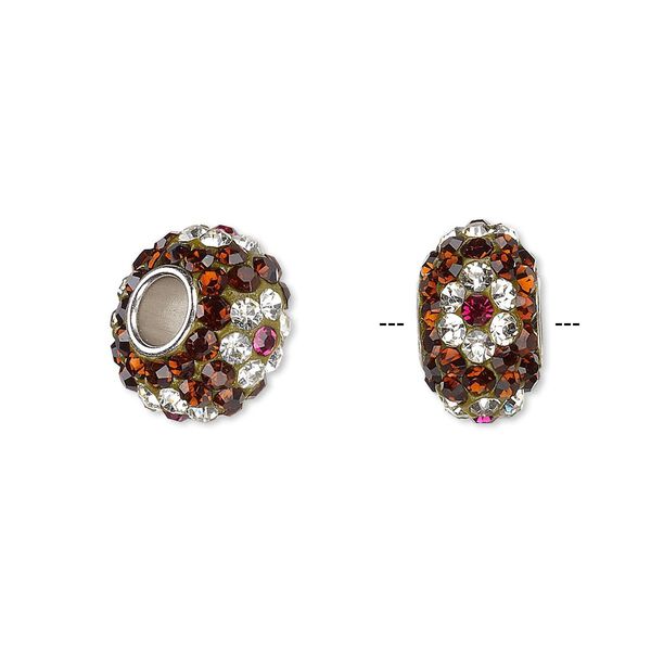Bead, Dione®, Czech glass rhinestone / epoxy / imitation rhodium-plated brass grommet, root beer / clear / pink, 13x8mm-14x8mm rondelle with flower design, 4.5mm hole. Sold individually. image number 0
