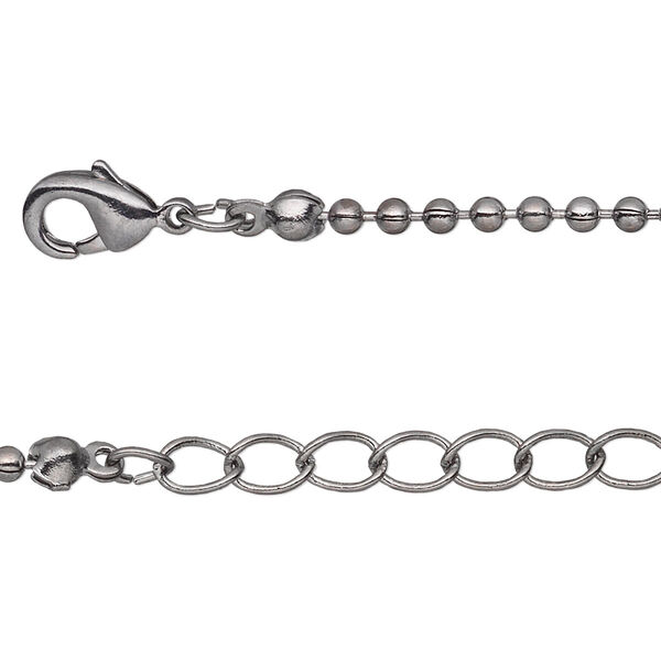 Chain, gunmetal-plated brass, 2mm ball, 16 inches with 1-inch extender chain and lobster claw clasp. Sold per pkg of 4. image number 0