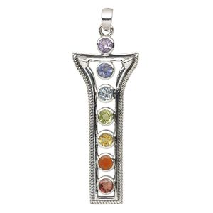 Pendant, multi-gemstone (natural / dyed / heated / irradiated) and sterling silver, 48x19mm single-sided fluted rectangle. Sold individually.