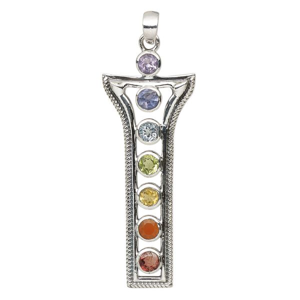 Pendant, multi-gemstone (natural / dyed / heated / irradiated) and sterling silver, 48x19mm single-sided fluted rectangle. Sold individually. image number 0