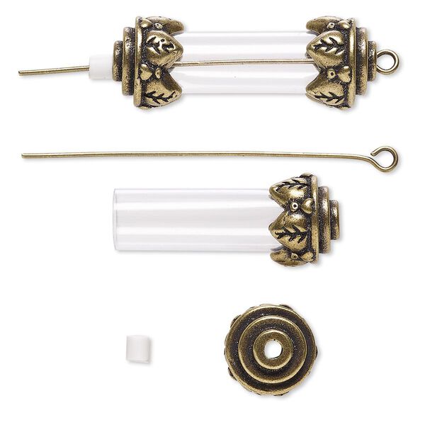 Focal, acrylic and antique brass-finished brass and "pewter" (zinc-based alloy), clear, 34x12mm with 25x8mm round tube and removable ends, 2-inch eye pin. Sold per pkg of 10. image number 0