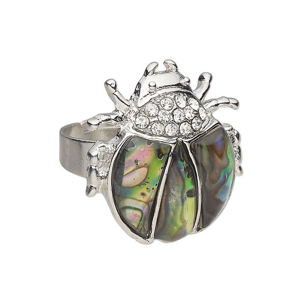 Ring 1pkg1 brass / paua shell / glass rhinestone, 26x25mm ladybug, natural silver finish / clear image number 0