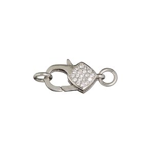 Clasp lobster claw 1pkg1, 15x8mm double-sided, silver-finished brass / cubic zirconia clear 1-strand