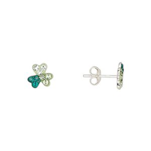 Earstud sterling silver / Preciosa crystal 1pkg2, 7.5mm 3-leaf shamrock / earnuts included, Create Compliments® multi-green 1 pair