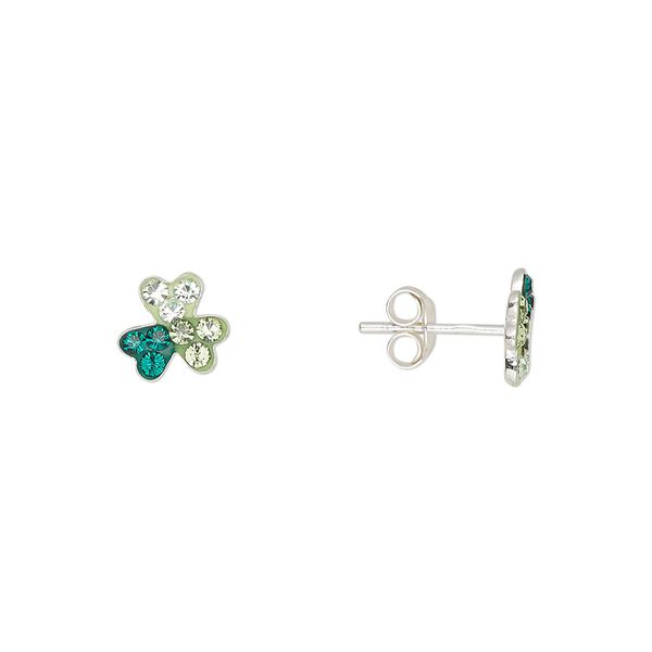 Earstud sterling silver / Preciosa crystal 1pkg2, 7.5mm 3-leaf shamrock / earnuts included, Create Compliments® multi-green 1 pair image number 0