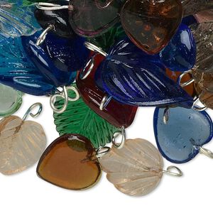 Drop mix, glass with gold- / silver-finished brass, mixed colors, 9x8mm-23x16mm heart and leaf. Sold per 50-gram pkg, approximately 65 drops.