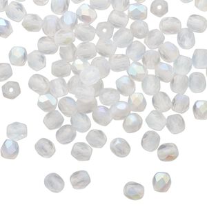 Bead 1pkg100 Czech fire-polished glass, 4mm faceted round, translucent matte opal AB