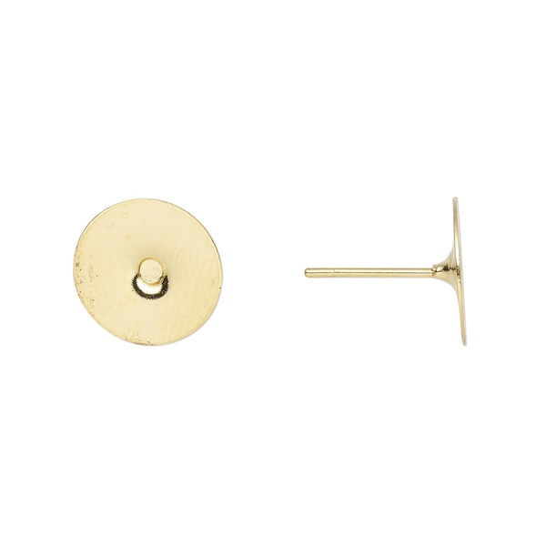 Earstud, gold-plated brass and steel, 10mm flat pad. Sold per pkg of 50 pairs. image number 0