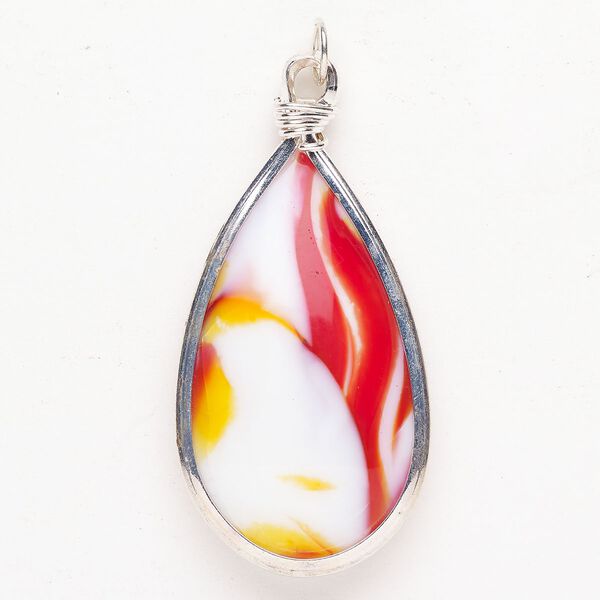 Focal 1pkg1 silver-finished steel and glass, orange / red / white, 63x31mm-64x33mm double-sided puffed teardrop with swirl design. image number 0